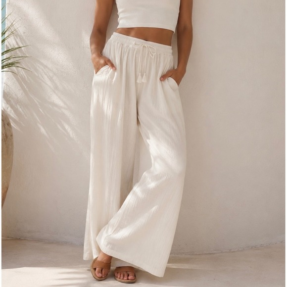 Madewell Pants - Madewell Double Gauze Wide-Leg Pants S Cream Pull-On Drawstring Beach Cotton